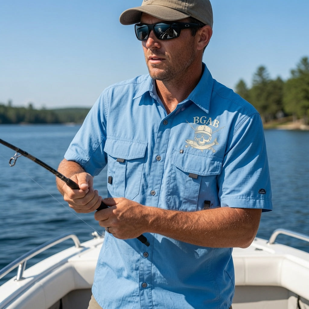 Fishing Fly Skull Logo Button Down - Sky Blue Short Sleeve