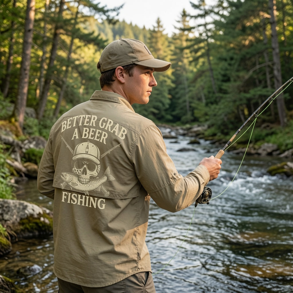 Fishing Fly Skull Logo Button Down - Khaki Long Sleeve
