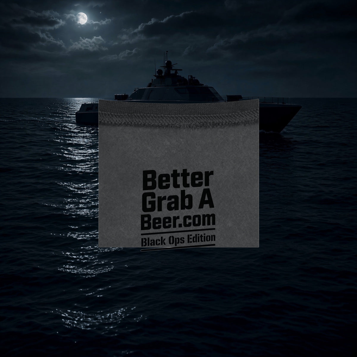 Better Grab A Beer black performance hoodie with Black Ops Edition branding against a night ocean and yacht backdrop