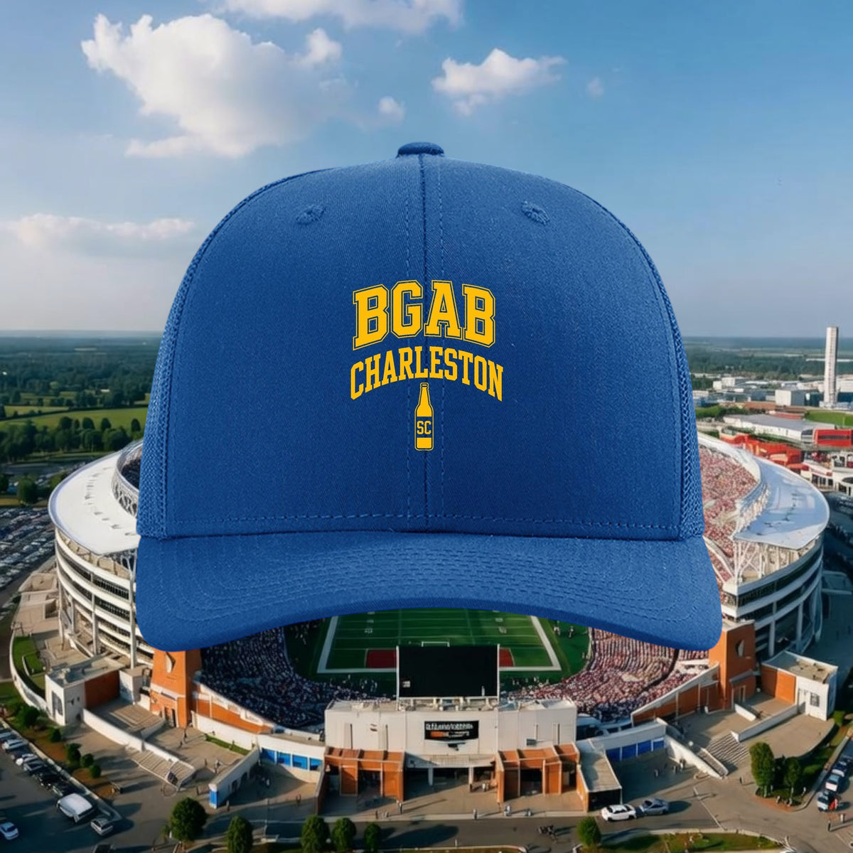 Better Grab A Beer blue Richardson 112 trucker cap with yellow BGAB Charleston bottle logo against stadium background