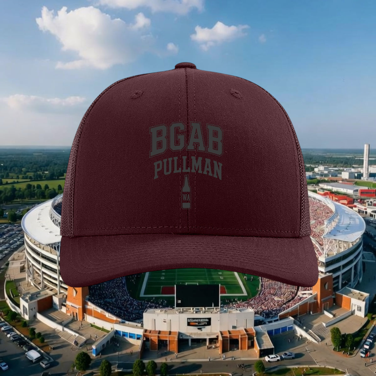 Better Grab A Beer maroon six-panel trucker hat with BGAB Pullman logo and adjustable snapback closure