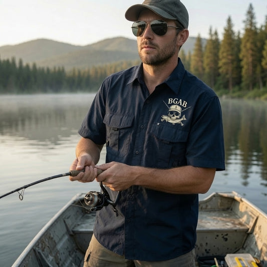 Fishing Fly Skull Logo Button Down - Navy Short Sleeve
