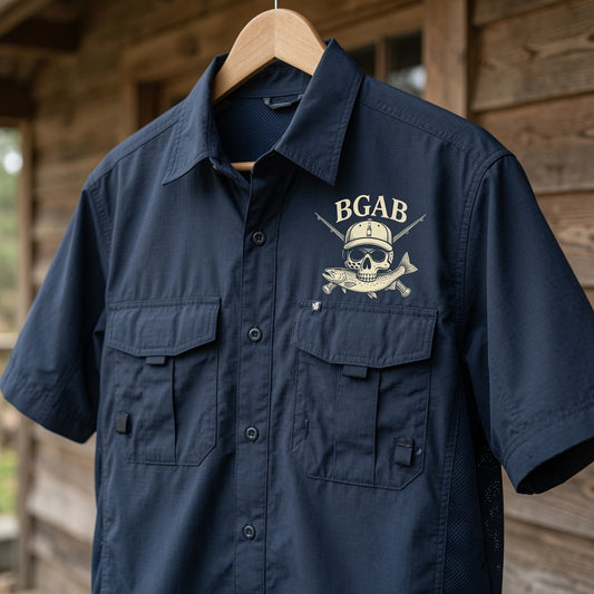 Fishing Fly Skull Logo Button Down - Navy Short Sleeve