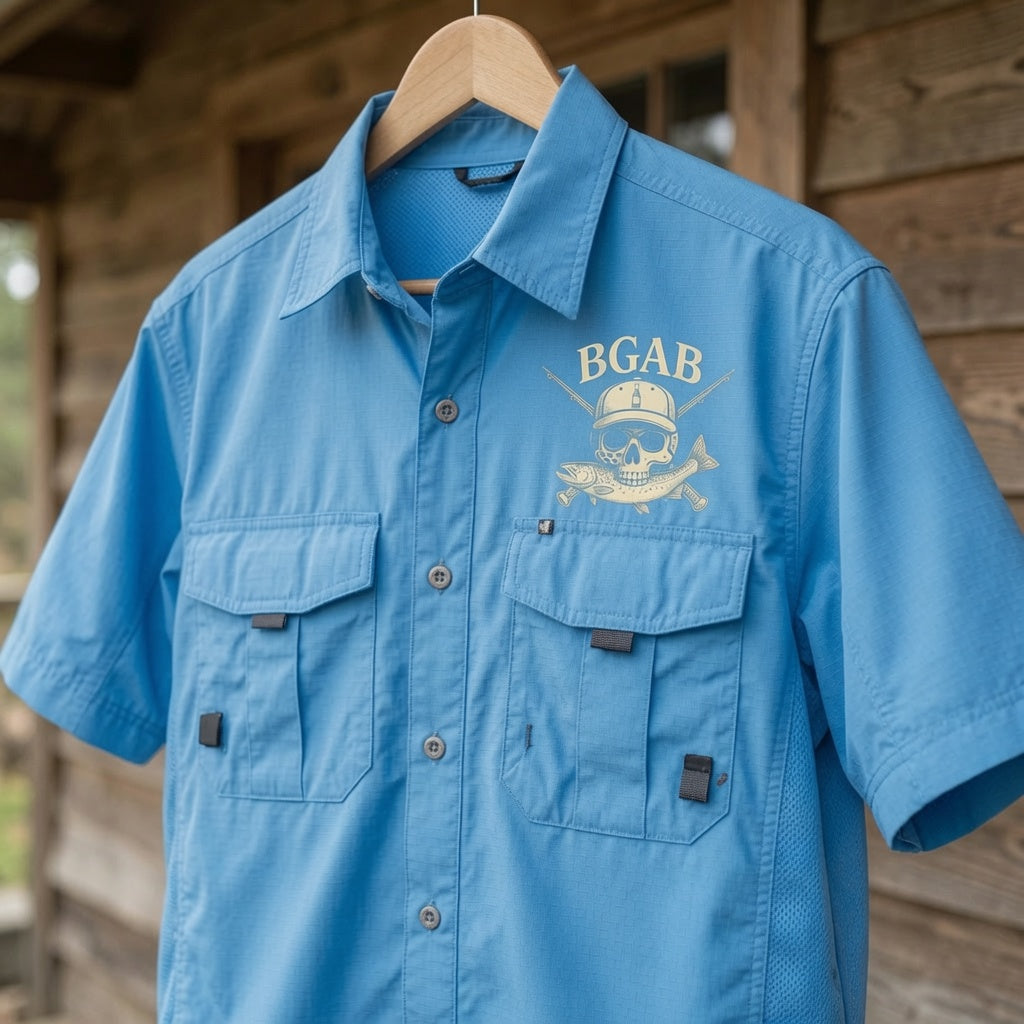 Fishing Fly Skull Logo Button Down - Sky Blue Short Sleeve