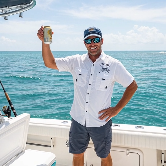 Fishing Fly Skull Logo Button Down - White Short Sleeve