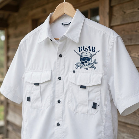 Fishing Fly Skull Logo Button Down - White Short Sleeve