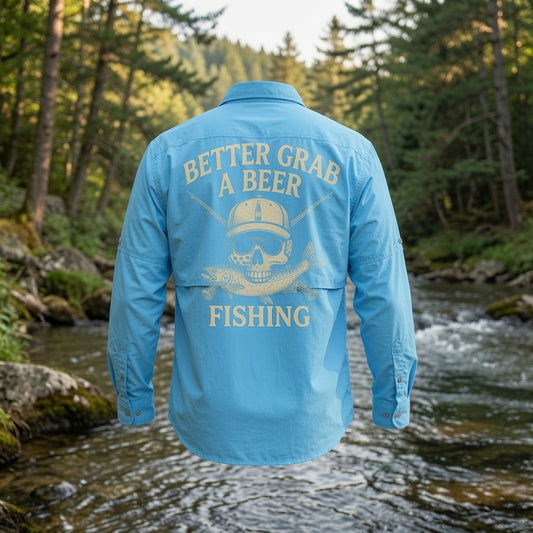 Fishing Fly Skull Logo Button Down - Sky Blue Long Sleeve