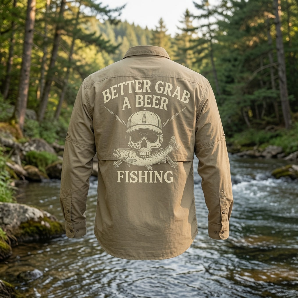 Fishing Fly Skull Logo Button Down - Khaki Long Sleeve