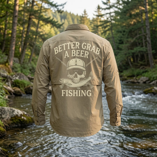 Fishing Fly Skull Logo Button Down - Khaki Long Sleeve