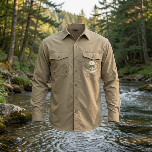 Fishing Fly Skull Logo Button Down - Khaki Long Sleeve