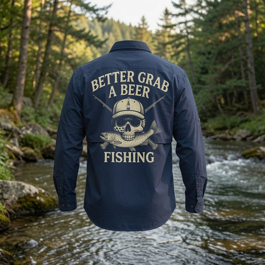 Fishing Fly Skull Logo Button Down - Navy Long Sleeve