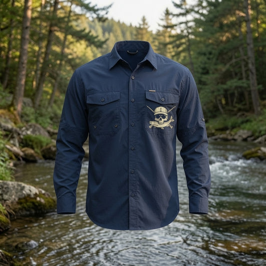 Fishing Fly Skull Logo Button Down - Navy Long Sleeve