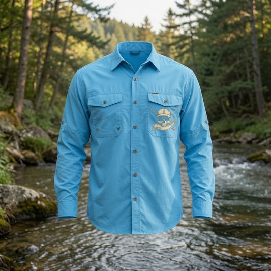 Fishing Fly Skull Logo Button Down - Sky Blue Long Sleeve