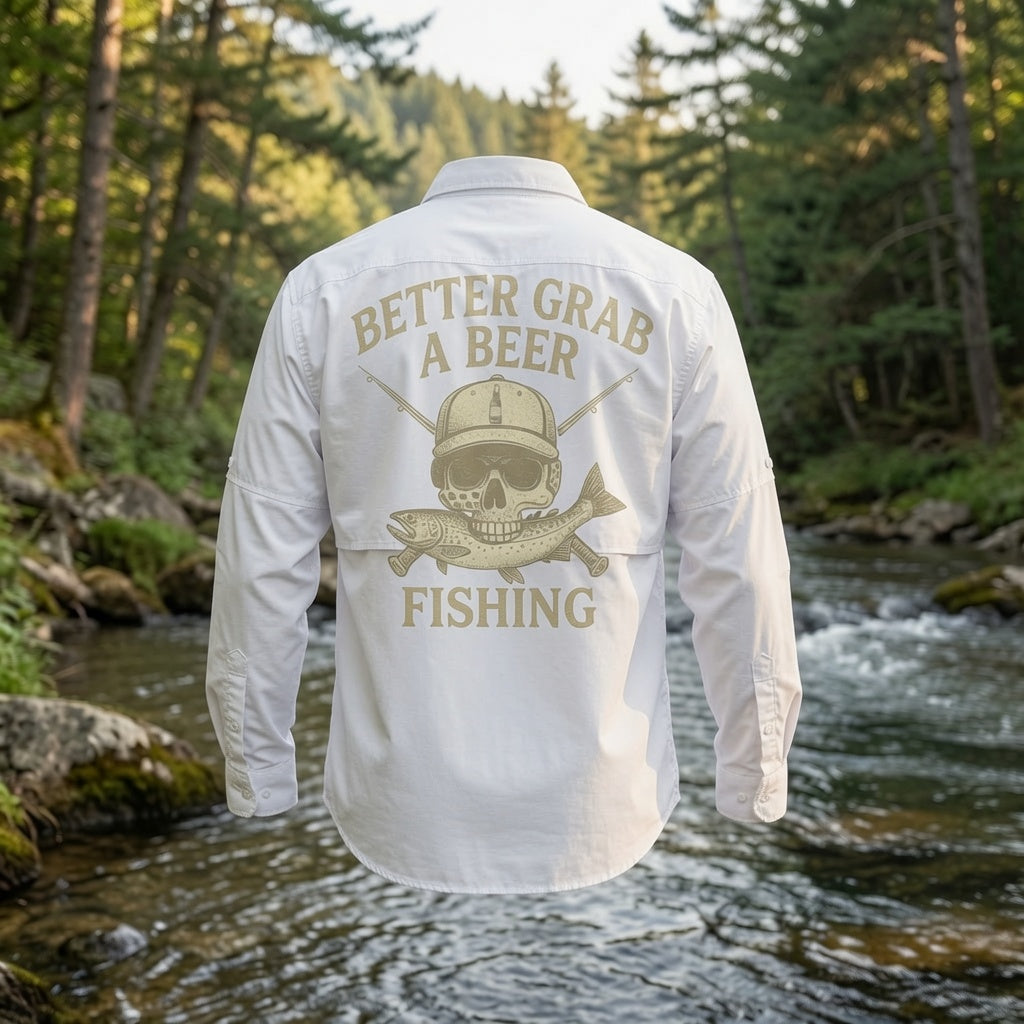 Fishing Fly Skull Logo Button Down - White Long Sleeve