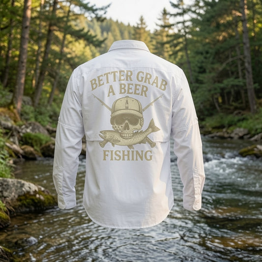 Fishing Fly Skull Logo Button Down - White Long Sleeve