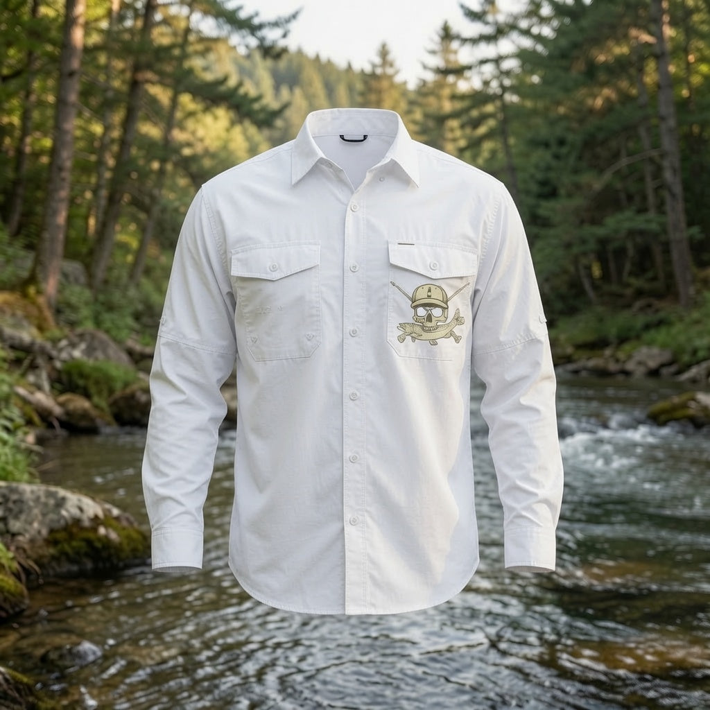 Fishing Fly Skull Logo Button Down - White Long Sleeve