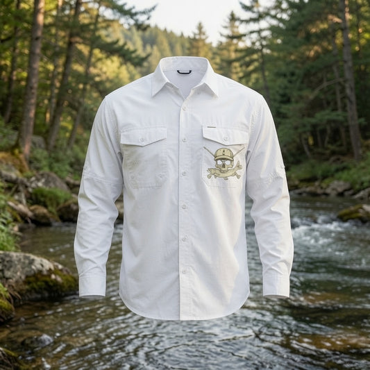 Fishing Fly Skull Logo Button Down - White Long Sleeve