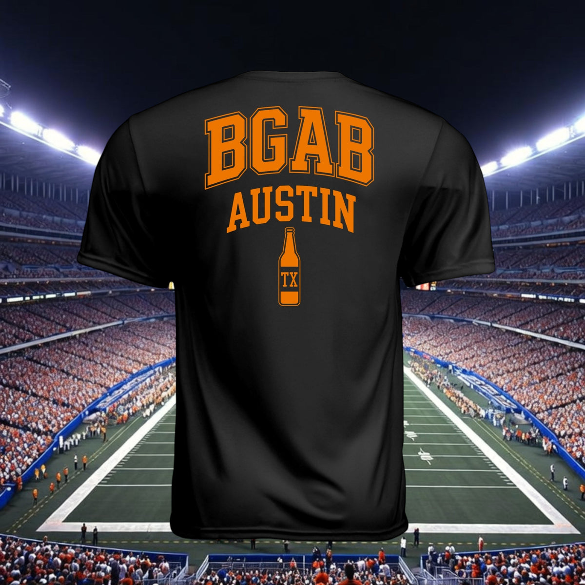 Better Grab A Beer black moisture-wicking sports t-shirt with orange Austin TX beer bottle graphic, back view