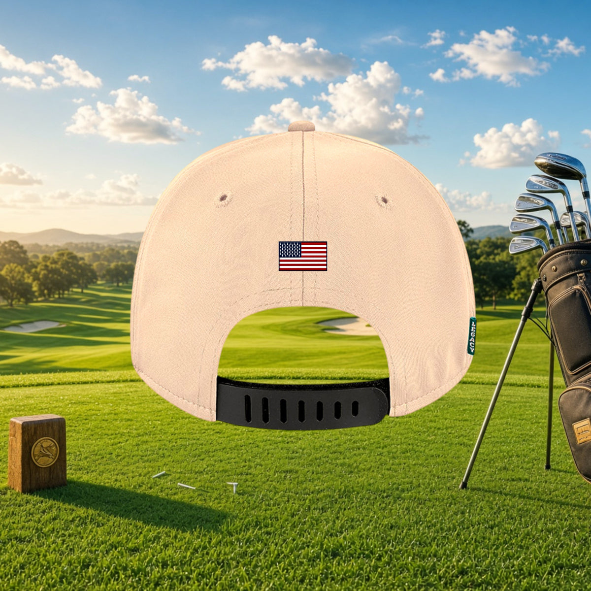 Better Grab A Beer beige six-panel golf cap with US flag embroidery and black rubber strap closure on a golf course.