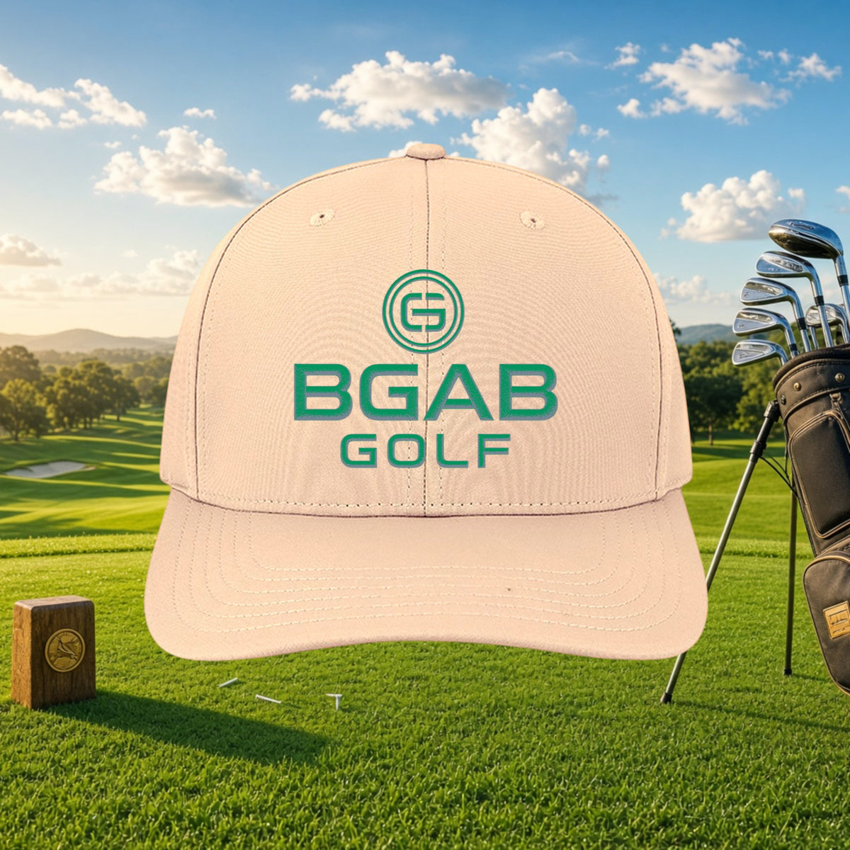 Better Grab A Beer beige six-panel golf cap with green BGAB GOLF logo on a sunny golf course background