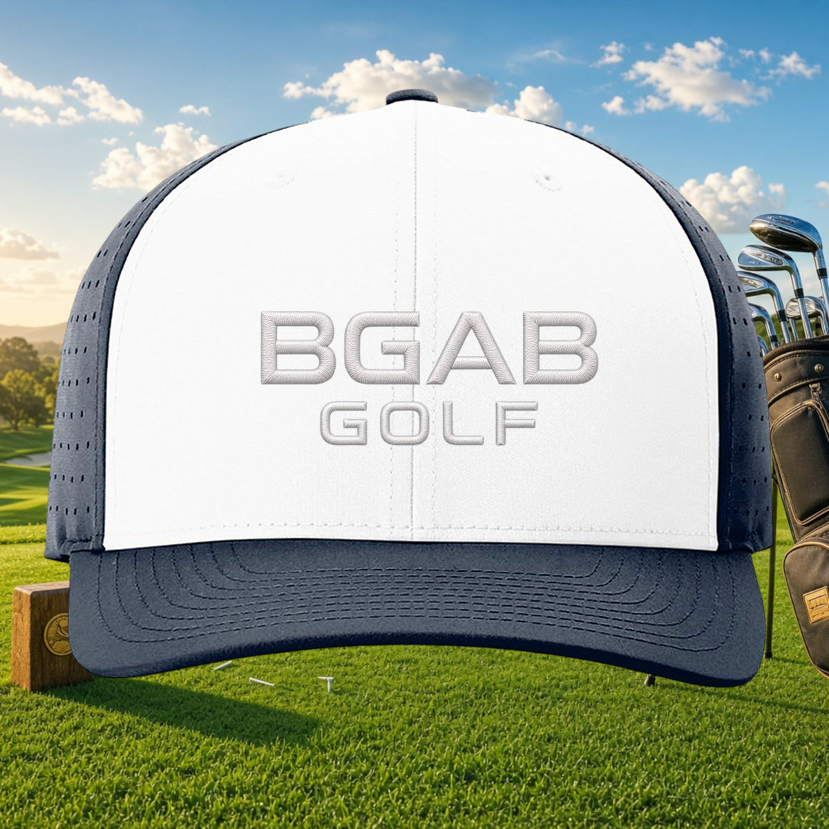 Better Grab A Beer BGAB GOLF structured six-panel performance cap with white front and navy perforated side panels