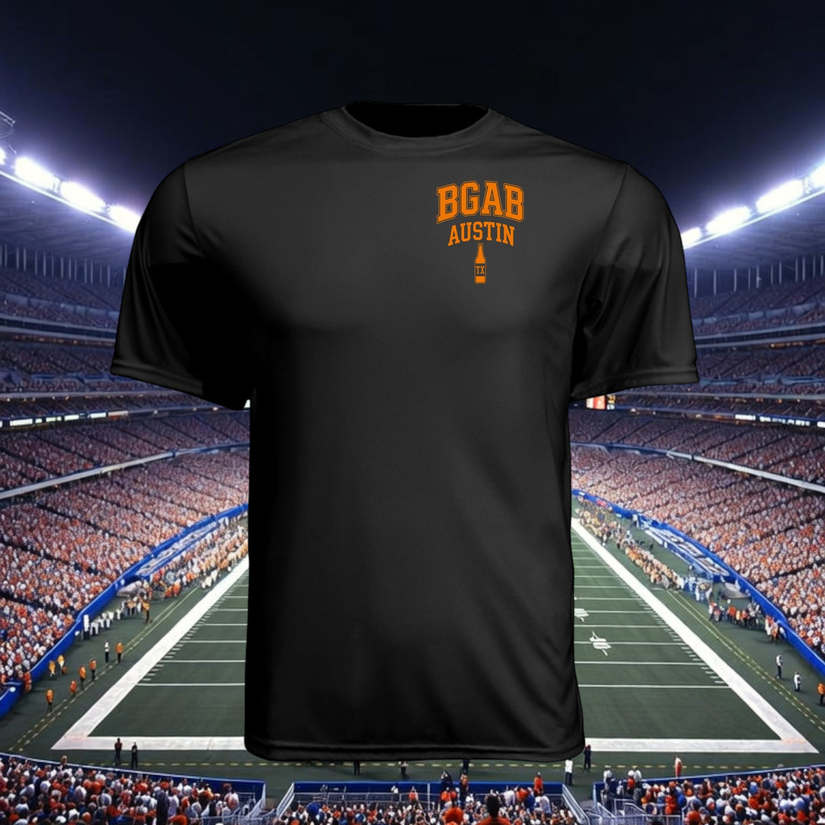 Better Grab A Beer black moisture-wicking athletic t-shirt with orange BGAB Austin logo on a stadium background