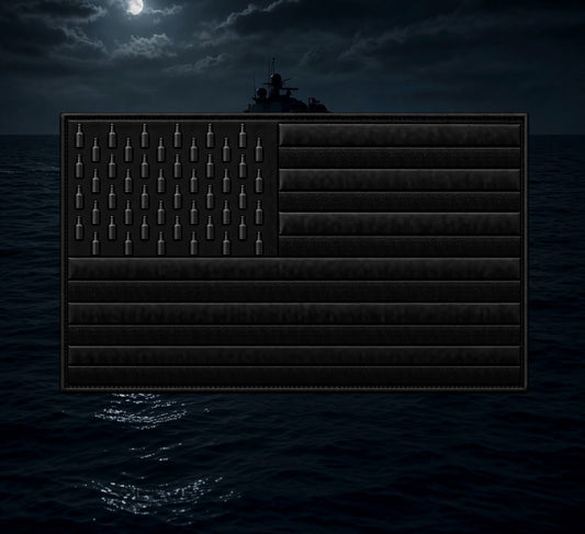 Better Grab A Beer black performance hoodie patch featuring a bottle flag design against a dark ocean night scene