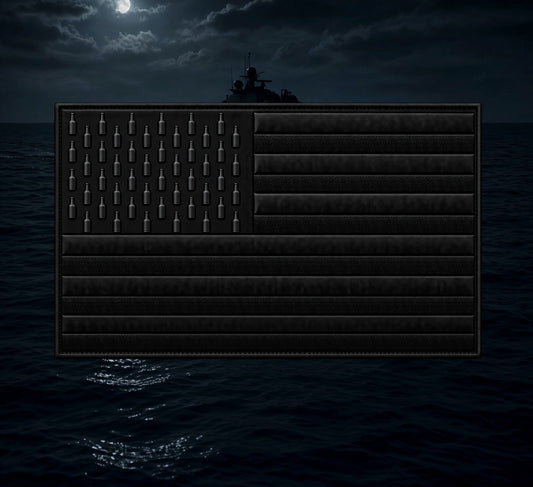 Better Grab A Beer black performance hoodie patch featuring a bottle flag design against a dark ocean night scene