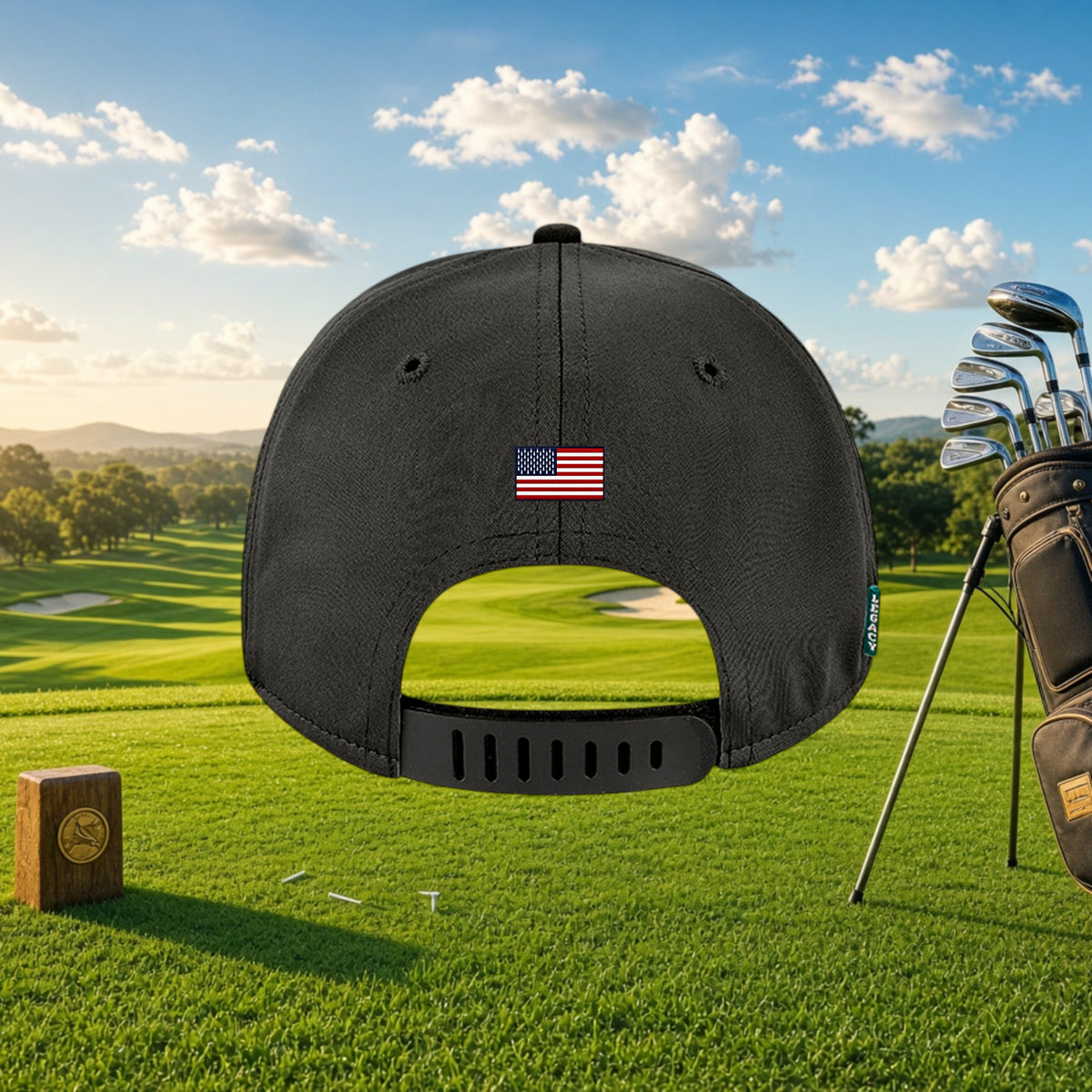 Better Grab A Beer black six-panel golf cap with US flag patch and rubber strap closure on a sunny golf course.