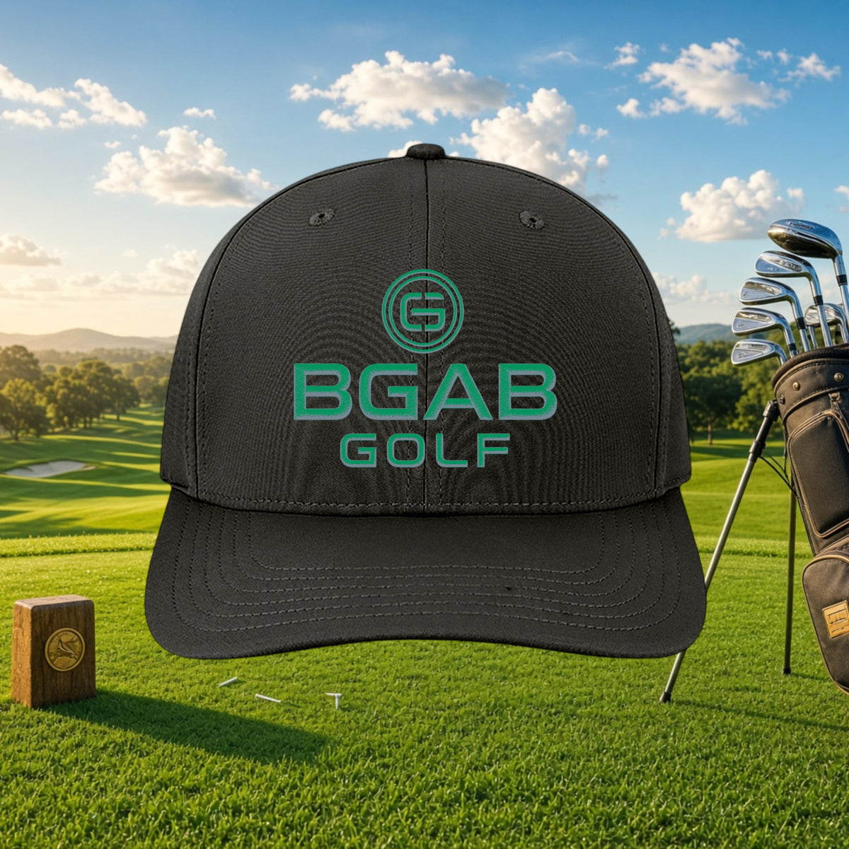 Better Grab A Beer black structured six-panel golf cap with green BGAB GOLF embroidery on a sunny golf course.