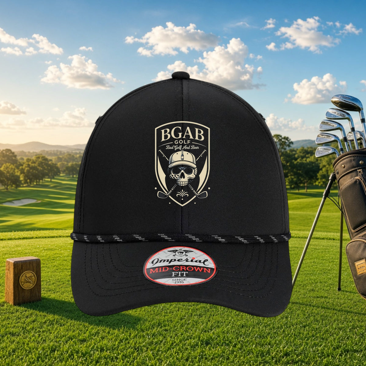 Better Grab A Beer black performance golf hat with a gold skull shield logo and decorative woven rope on the visor.