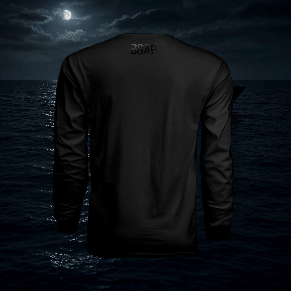 Better Grab A Beer black long-sleeve performance crew shirt with BGAB logo on the back against a night ocean scene