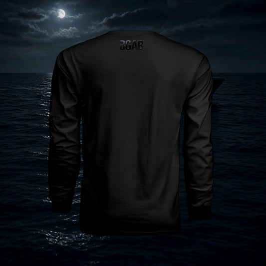 Better Grab A Beer black long-sleeve performance crew shirt with BGAB logo on the back against a night ocean scene