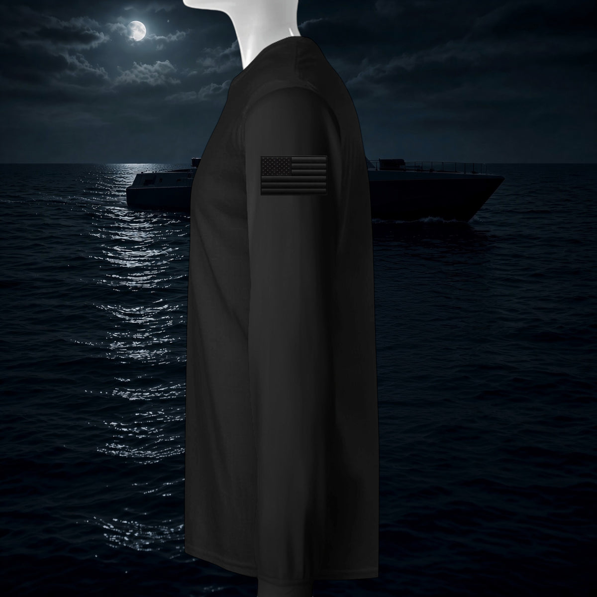 Better Grab A Beer black long-sleeve performance crew shirt with a subtle American flag patch on the sleeve