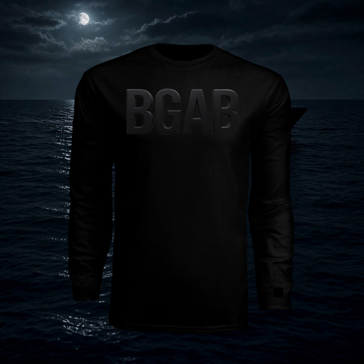 Better Grab A Beer black long-sleeve performance crew shirt with BGAB logo, featuring moisture-wicking polyester.