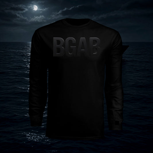 Better Grab A Beer black long-sleeve performance crew shirt with BGAB logo, featuring moisture-wicking polyester.