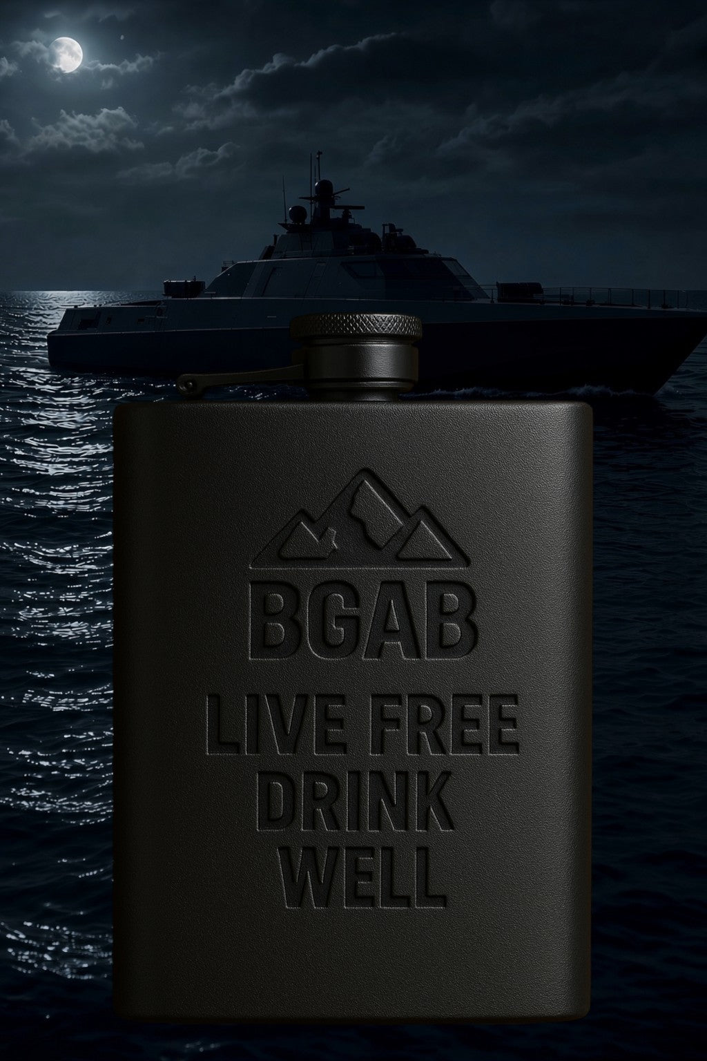 Better Grab A Beer Black Ops Flask in matte black with embossed logo and text against a night sea and naval ship