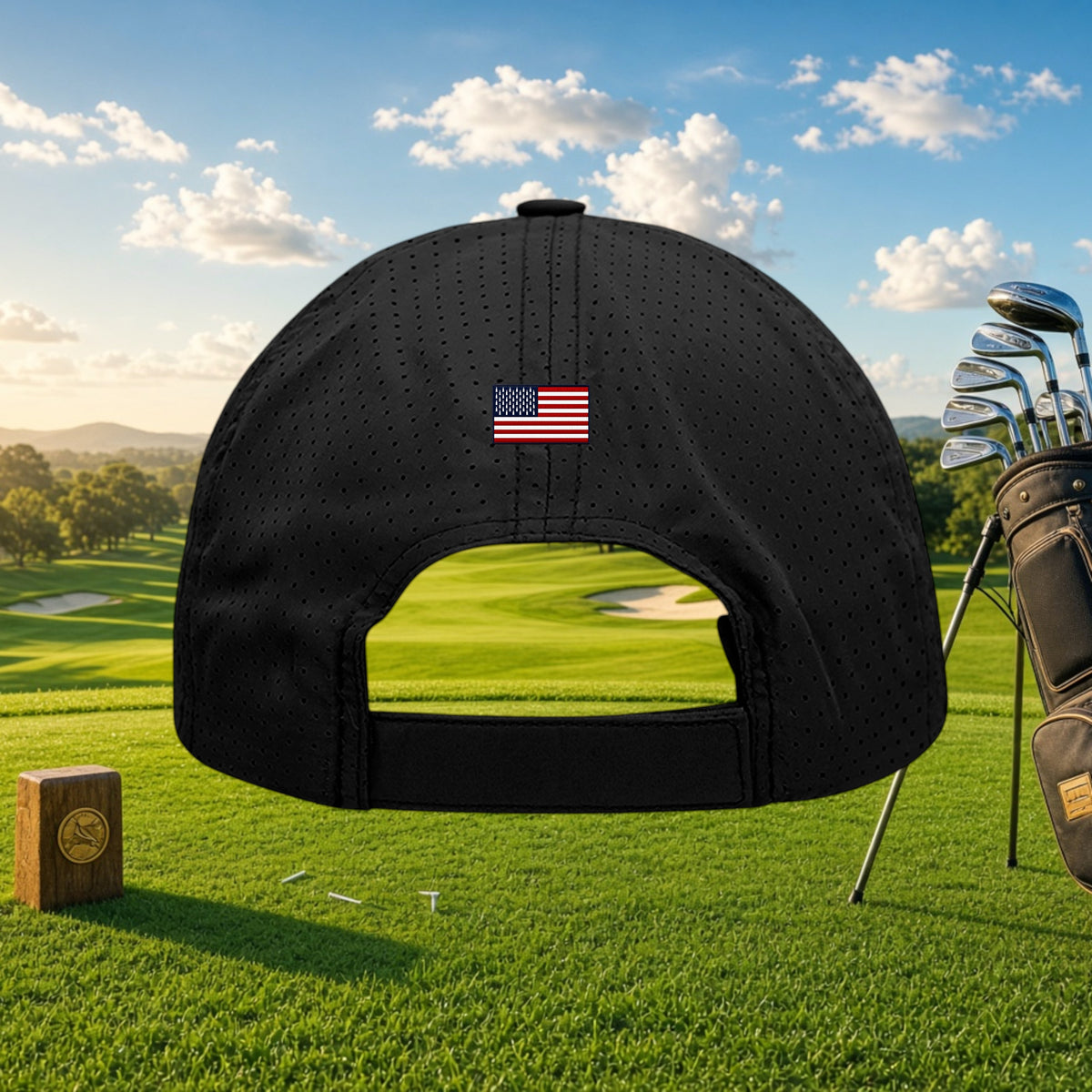 Better Grab A Beer black perforated performance cap with a small American flag patch on the back, golf course setting.