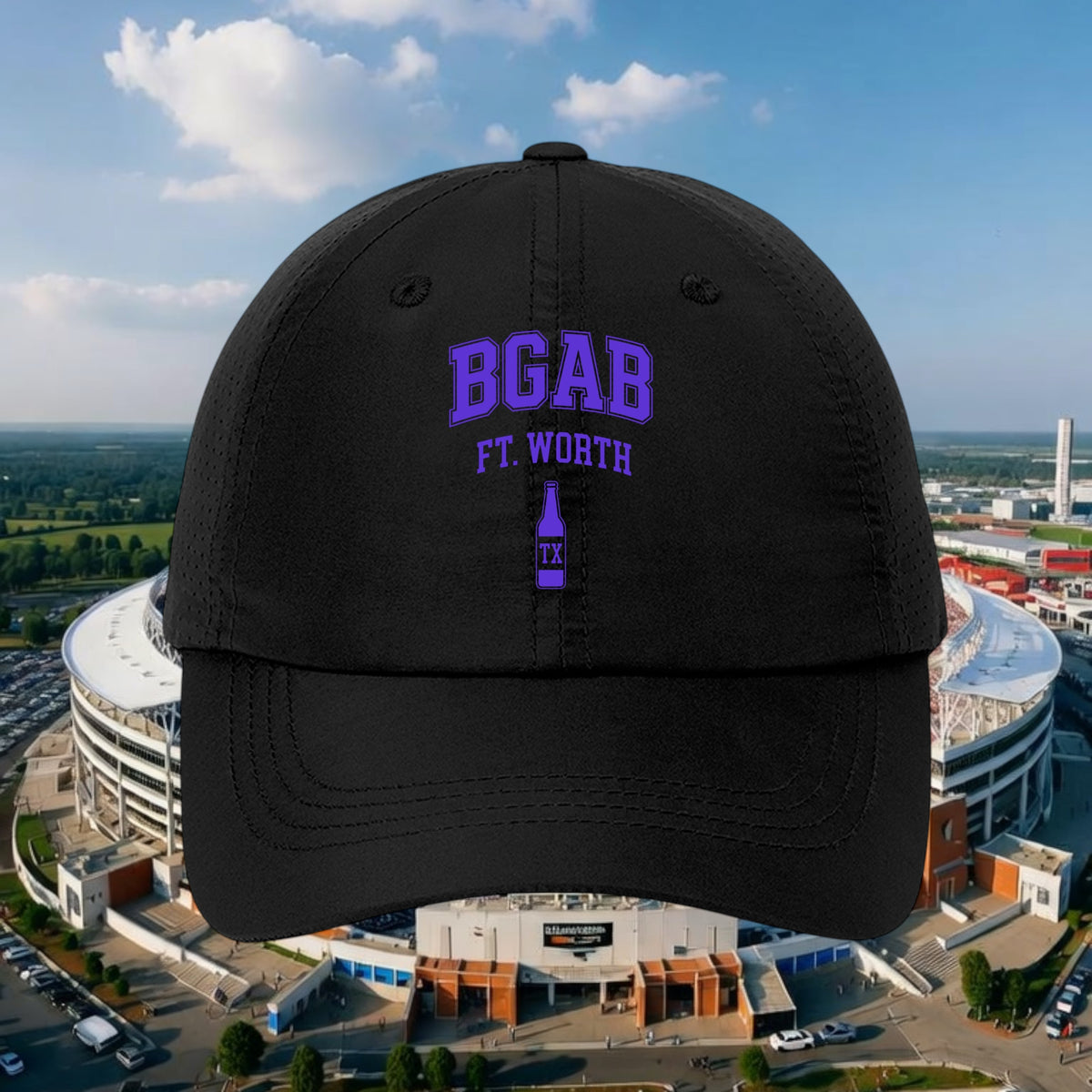 Better Grab A Beer black unstructured perforated polyester cap with purple BGAB FT. Worth bottle graphic