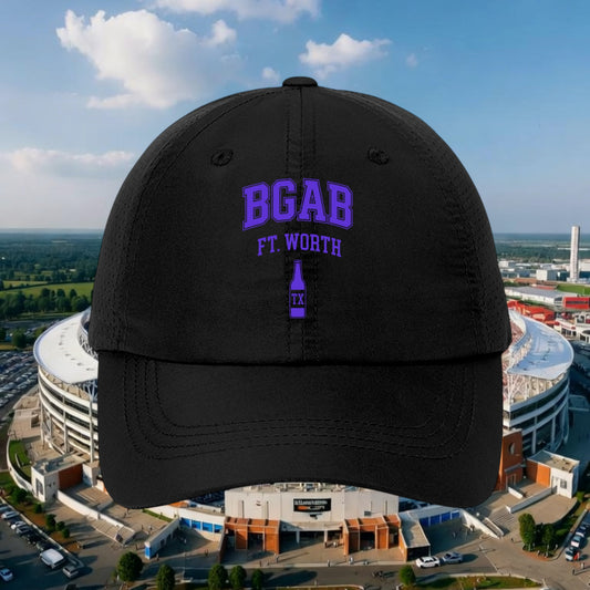 Better Grab A Beer black unstructured perforated polyester cap with purple BGAB FT. Worth bottle graphic