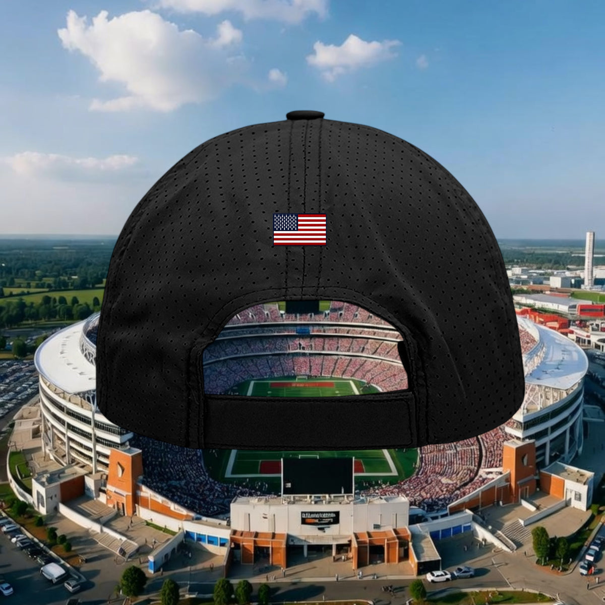 Better Grab A Beer black perforated polyester cap with a small American flag patch above the hook and loop closure