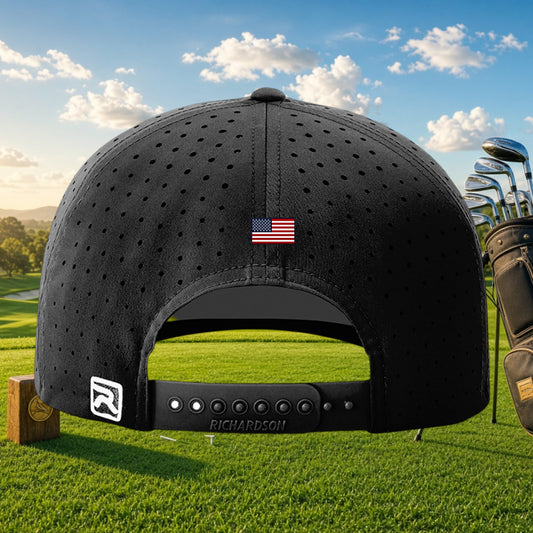 Better Grab A Beer black performance golf cap with laser-cut ventilation, snapback closure, and US flag detail