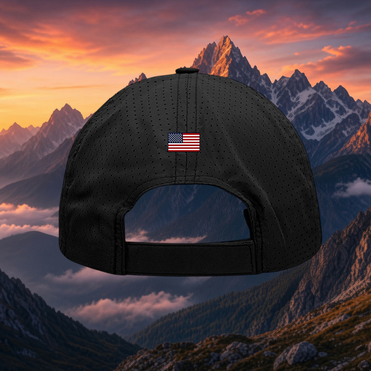 Better Grab A Beer black unstructured performance cap with a small American flag patch on the back hook and loop strap