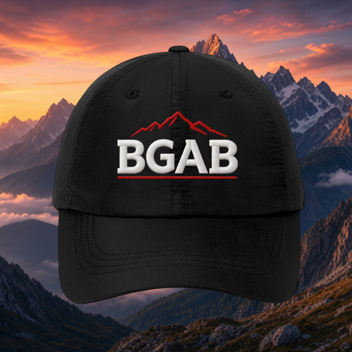 Better Grab A Beer black unstructured performance cap with white BGAB logo and red mountain graphic