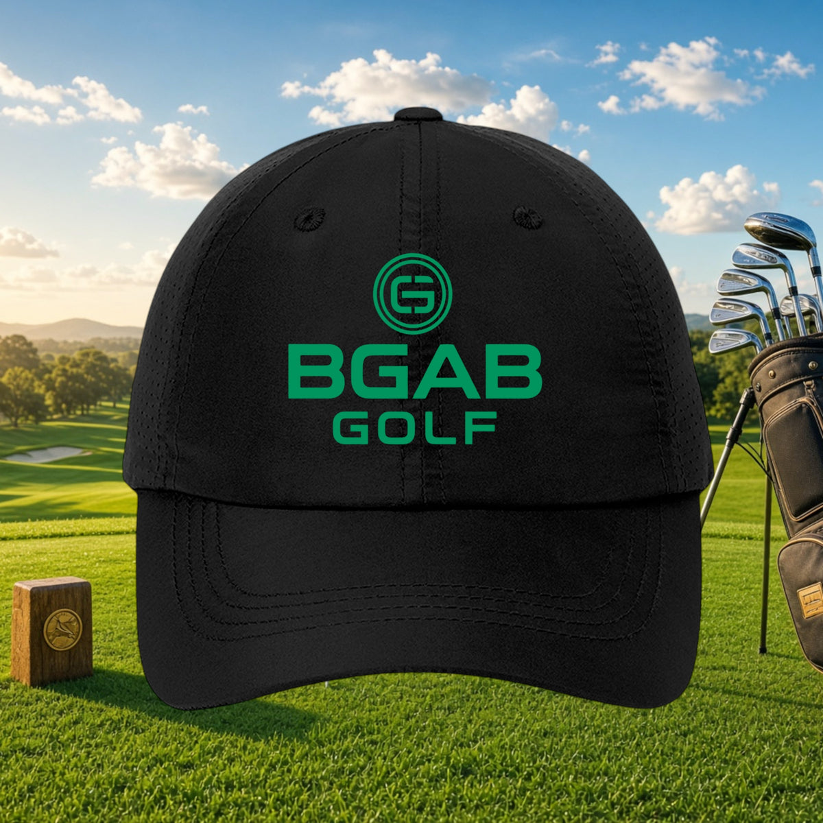 Better Grab A Beer black unstructured performance cap with green BGAB GOLF logo on a sunny golf course background.