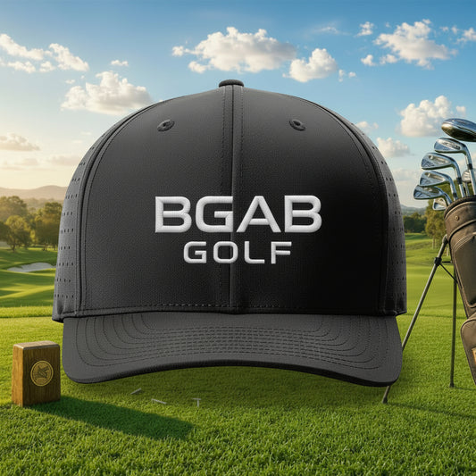 Better Grab A Beer black performance golf cap with white BGAB GOLF embroidery and laser-cut perforated side panels
