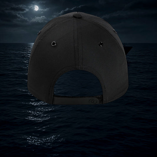 Better Grab A Beer black performance rope hat with metal eyelets and rubberized hook-and-loop backstrap, rear view.