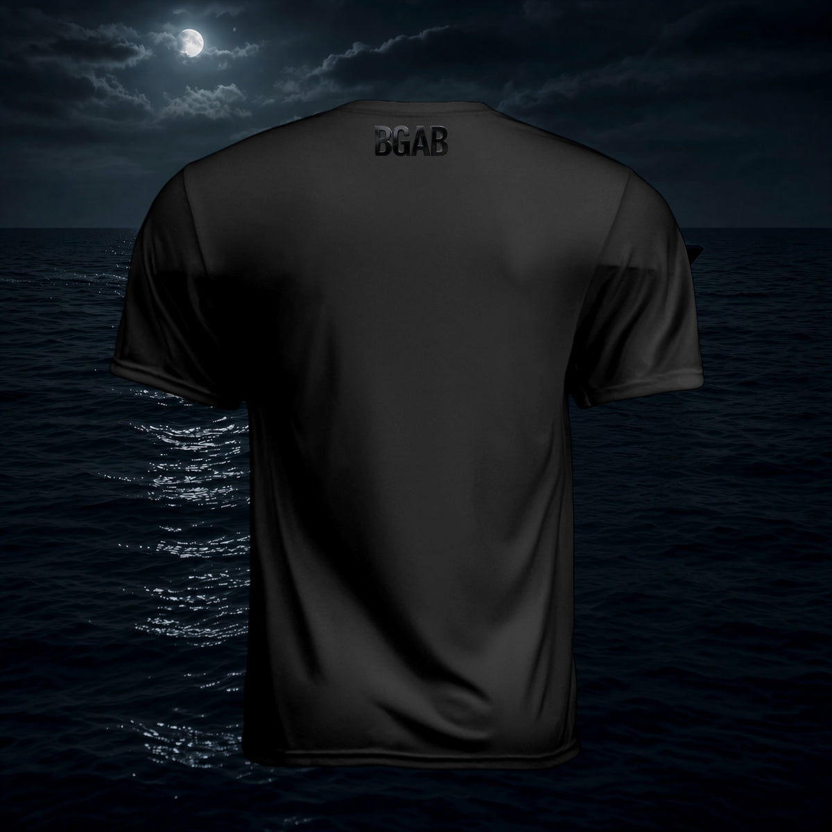 Better Grab A Beer black moisture-wicking performance crew neck shirt with BGAB logo on the back against a night sea