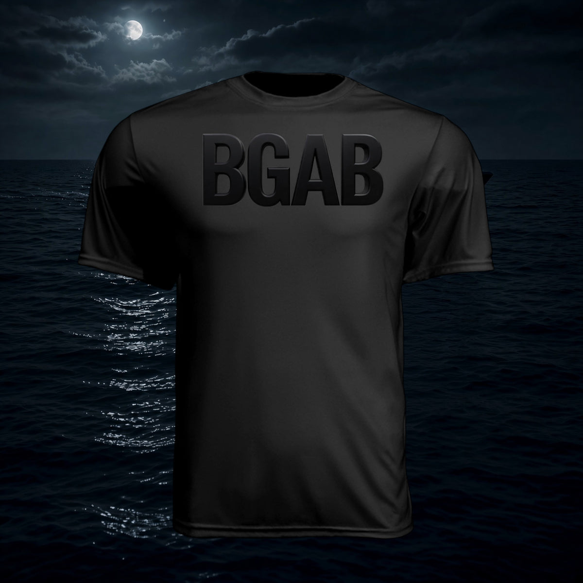 Better Grab A Beer black moisture-wicking performance crew neck shirt with BGAB logo against a night ocean background