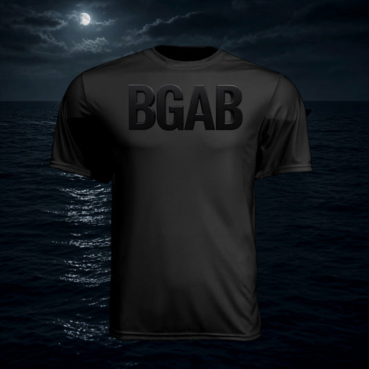 Better Grab A Beer black moisture-wicking performance crew neck shirt with BGAB logo against a night ocean background